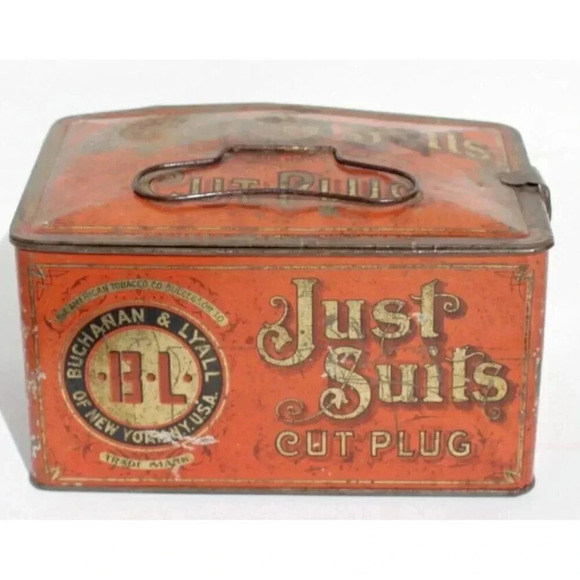 VINTAGE Antique 1900's Just Suits Cut Plug Tobacco STORAGE Case Tin - Picture 4 of 6